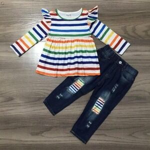 Rainbow Stripes Size 6 - 12 Months Ruffled Shirt w/Distressed Denim Pants Set